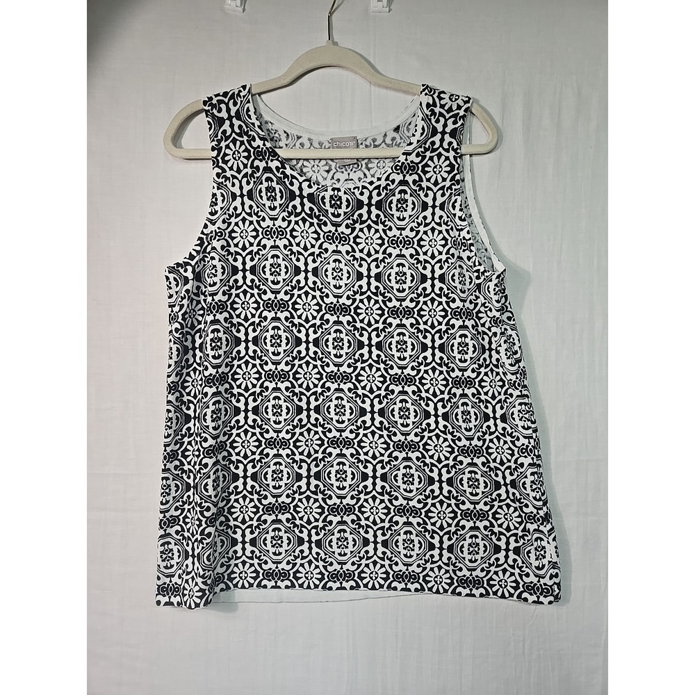 Chico's Sleeveless Floral Tank Round Neck‎ Women's 2 (L) Black White Geometric